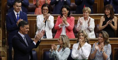 El presidente del Gobierno, Pedro Sánchez, tras su intervención en el Congreso de los Diputados