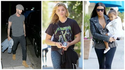 A la izquierda, David Beckham llegando al concierto que Metallica ofreció en Nueva York el pasado mes de septiembre. En el centro, la actriz Chloë Grace Moretz con una camiseta del grupo. Y a la derecha, Kim Kardashian con su hija North, que esconde la camiseta de Metallica que luce su madre.