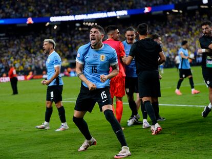 Jul 6, 2024; Las Vegas, NV, USA; Uruguay midfielder Federico Valverde (15) reacts after defeating Brazil at Allegiant Stadium. Mandatory Credit: Lucas Peltier-USA TODAY Sports