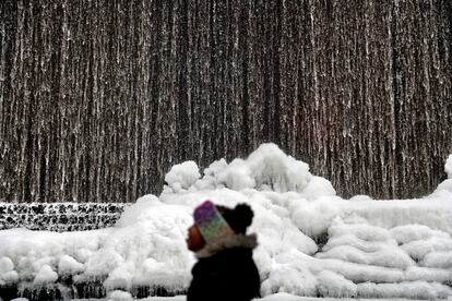 Un niño observa cómo el hielo se acumula a lo largo de una fuente de agua en el centro de Atlanta (EE UU).