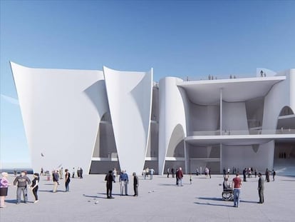 Maqueta virtual del proyecto de Toyo Ito para el Hermitage de Barcelona, para la nueva bocana del puerto.