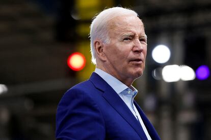 U.S. President Joe Biden looks on as he delivers remarks on the economy at Arcosa, a wind tower manufacturing facility, in Belen, New Mexico, U.S., August 9, 2023.