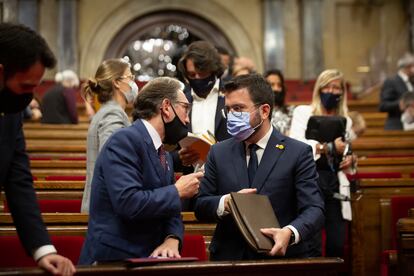 El presidente de la Generalitat, Pere Aragonès, y el consejero de Economía, Jaume Giró, el pasado 29 de septiembre.