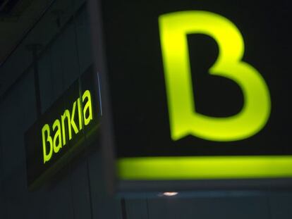 Cartel con el logotipo de Bankia en una sucursal de Madrid.