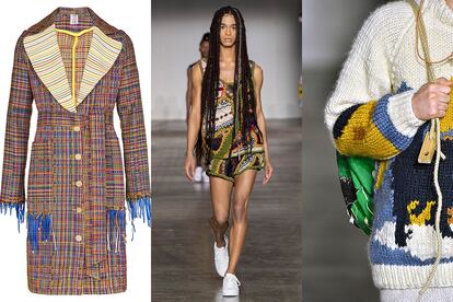 A la izda., Abrigo de BETHANY WILLIAMS (4.200 euros, en Farfetch.com). En el centro y dcha., dos detalles de la colección.