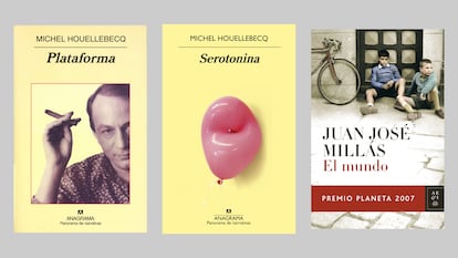 Portadas de los libros 'Plataforma' y 'Serotonina', de Michel Houellebecq, y 'El Mundo', de Juan José Millás.