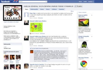 Página de Facebook HUELGA GENERAL YA EN ESPANA UNIROS TODOS Y PASARLO.