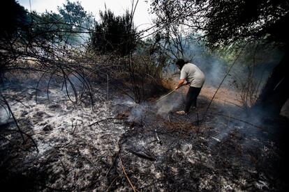 Una mujer intenta apagar los restos del incendio en Ourense.