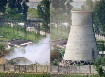 Antes y después de la torre de refrigeración de la central nuclear de Yongbyon.