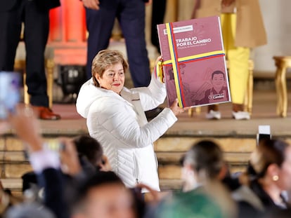 La ministra del Trabajo, Gloria Inés Ramírez, durante el acto simbólico por la radicación de la reforma laboral, el 13 de marzo en Bogotá.