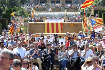 Catalan government officials and other pro-sovereignty marchers in Barcelona on Sunday.