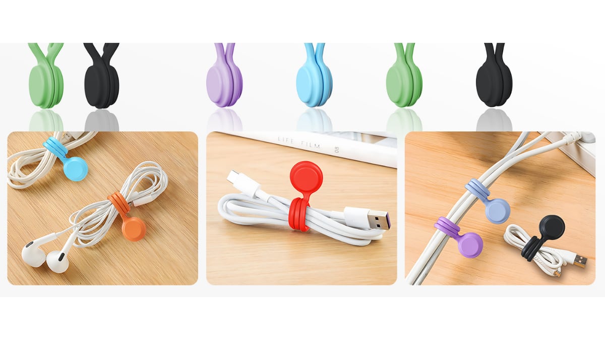 Se incluyen ocho organizadores de cables de diferentes colores.
