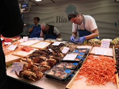 A fish shop in a market in Madrid.