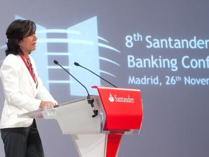 La presidenta de Banco Santander, Ana Bot&iacute;n, durante la VIII Conferencia Internacional de Banca, celebrada este jueves en la sede del grupo, en Boadilla (Madrid).