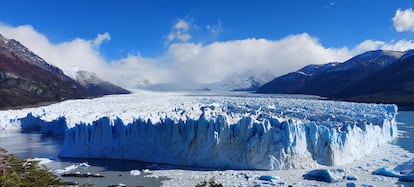 The frontal walls of the Perito Moreno Glacier (almost 200 feet tall) as seen from the walkways for tourists.