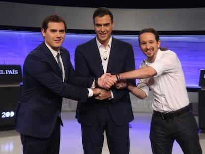 Rivera, Sánchez e Iglesias en el debate de EL PAÍS.