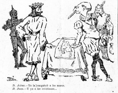 Caricatura de la revista 'Baleares' publicada el 20 de octubre de 1918 en la que sobre un mapa de Mallorca Jaime I dice: "Yo la conquisté a los moros". Juan March replica: "Y yo a los cristianos..".