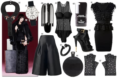 36. Marni Cuello de satén con pedrería. 37. Zadig & Voltaire Reloj con calavera en la esfera. 38. Guerlain Máscara de pestañas “Noir G”. 39. H&M Body de gasa con sujetador palabra de honor. 40. Iphoria Funda para iPhone 5 simulando una laca de uñas. 41. Antonino Valenti Vestido con top de mini volantes. 42. Fendi. 43. Giuseppe Zanotti Botín peep toe con volantes de piel. 44. Paper London Bermudas de pata ancha. 45. Cheap Monday Anillo en forma de tornillo. 46. Religion Clutch rígido de piel con cierre en forma de corona. 47. Bershka Mitones de gasa con pedrería.