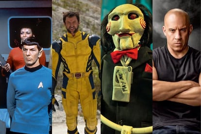 Cuatro de las franquicias de Hollywood con más de 10 películas: 'Star Trek' (14 largometrajes, 1979-2024); una imagen de Lobezno de 'X-men' (14, 2000-2024) en la nueva 'Deadpool'; 'Saw' (11, 2004-2025) y 'Fast & Furious' (12, 2001-2026).