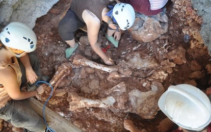 Imagen de los arqueólogos trabajando sobre los huesos hallados del elefante en la cueva del Rinoceronte.
