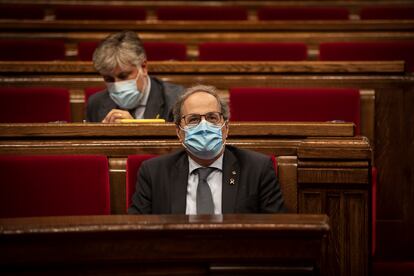 Quim Torra en el Parlamento de Cataluña durante el pleno extraordinario sobre la crisis de la monarquía de España.