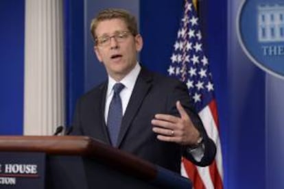 Fotografía tomada el pasado 17 de abril en la que se registró al portavoz de la Casa Blanca, Jay Carney, quien dijo que el asunto "está bajo la investigación de un inspector general, independiente, y su informe se divulgará de manera inminente". EFE/Archivo