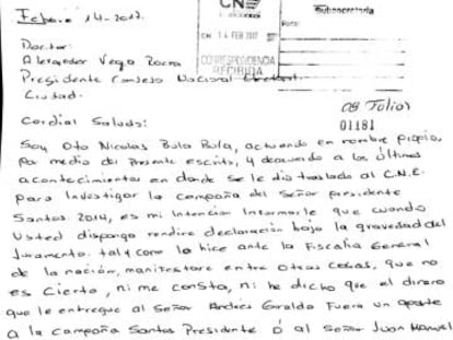 Un fragmento de la carta en la que Otto Bula niega haber entregado dinero a la campaña del presidente Santos.