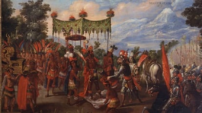 Pintura del siglo XVII sobre el encuentro entre Moctezuma y Cortés.