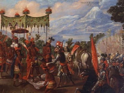 Pintura del siglo XVII sobre el encuentro entre Moctezuma y Cortés.