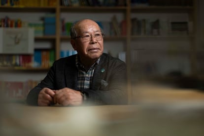 Shigemitsu Tanaka, superviviente de Nagasaki, este jueves en un colegio de Madrid.