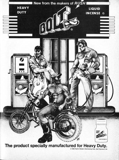Publicidad de popper de los años 70, marca Bolt, que plantea un estereotipo de hipermasculinizado de hombres homosexuales.