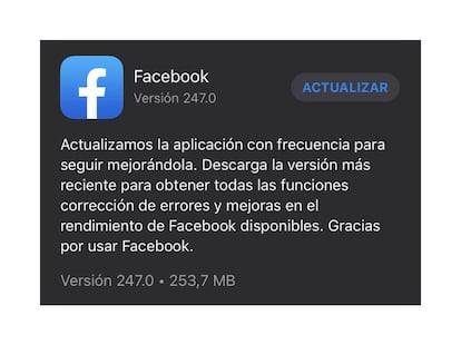 Actualización de la app de Facebook en iOS.