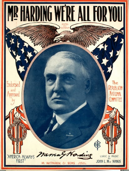 Imagen de la carátula de la partitura de la canción de apoyo al futuro presidente 'Mr Harding We're All For You', de John L. McManus (1920).