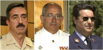 El general Jaime Domínguez Buj, el almirante Jaime Muñoz Delgado y del Río y el general Díaz Javier García Arnaiz (izda-dcha), nuevos jefes de los tres ejércitos.