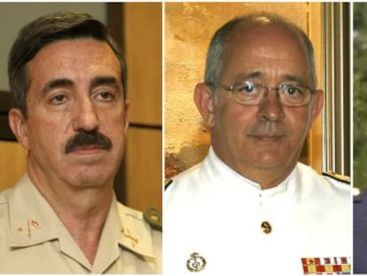 El general Jaime Domínguez Buj, el almirante Jaime Muñoz Delgado y del Río y el general Díaz Javier García Arnaiz (izda-dcha), nuevos jefes de los tres ejércitos.