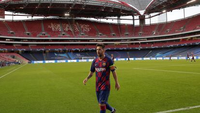 Lionel Messi depois de perder para o Bayern de Munique, em 14 de agosto, em Lisboa.