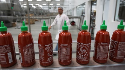 Sriracha bottles at a production plant in Irwindale, California