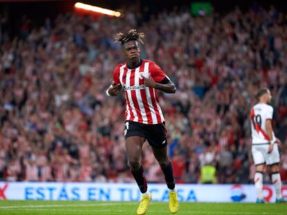 Nico Williams of Athletic Club reacts after scoring goal during the La Liga Santander football match between Athletic Club and Rayo Vallecano at San Mames on September 17, 2022, in Bilbao, Spain.
AFP7 
17/09/2022 ONLY FOR USE IN SPAIN