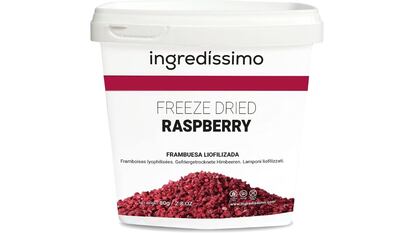 Envase plástico que contiene 80 gramos de frambuesas liofilizadas de la marca Ingredissimo.