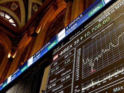 Bolsa de Madrid. El Ibex 35 subió ayer más de un 3% gracias a los resultados electorales franceses.