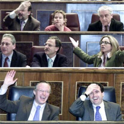 En la imagen superior, los diputados socialistas Álvaro Cuesta, Leire Pajín, José Luis Asenjo, Antonio Cuevas, Salvador de la Encina y Carme Chacón (de izquierda a derecha y de arriba abajo) protestan durante el debate de ayer. En la fotografía inferior, el ministro de Ciencia y Tecnología, Josep Piqué, y el titular de Medio Ambiente, Jaume Matas (derecha), ríen durante la sesión de ayer del Congreso de los Diputados.