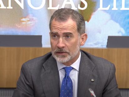 El rey Felipe VI, en una captura de pantalla durante su intervención en la cumbre empresarial organizada por la CEOE, el 24 de junio en Madrid.