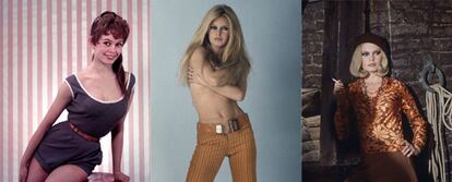 Tres imágenes de la actriz francesa Brigitte Bardot: a la izquierda al inicio de su carrera (finales de los cincuenta); y las otras dos de una década después.