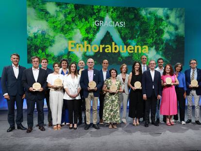 Foto de familia de los premiados que asistieron al acto de entrega de los galardones. Ignacio Ojanguren, presidente de la Fundación Balia; Marta Cardona, directora de la Fundación CRIS; Víctor Viñuales, director de Ecodes; Francisco Javier Hortal, presidente de Asion; Jorge Cattaneo, director de Ayuda en Acción; Ana Romero Soto, de la Asociación Nupa; Blanca Valentín-Gamazo, directora de la Asociación Achalay; Daniel Hernández  y Miriam Pedrosa, de Agropal, y Juan Manuel Buergo, presidente de la sociedad San Vicente Paúl.