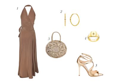 1. Vestido de Cortana (1.050). 2. Aritos de oro de Thomas Sabo (198). 3. Bolso de Feed and Milk (96). 4. Anillo de Thomas Sabo (139). 5. Sandalias de Jimmy Choo (695).