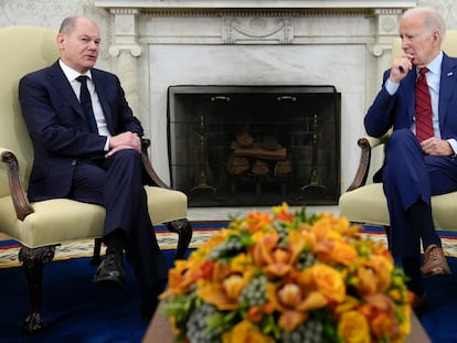 President Joe Biden listens as German Chancellor Olaf Scholz speaks during a meeting in the Oval Office of the White House in Washington, on Friday, March 3, 2023.