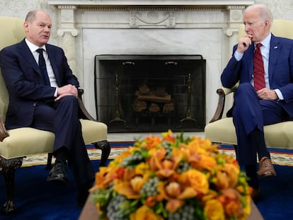 President Joe Biden listens as German Chancellor Olaf Scholz speaks during a meeting in the Oval Office of the White House in Washington, on Friday, March 3, 2023.