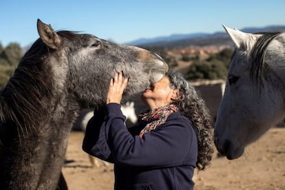 Loreto García, paciente del terapeuta emocional Fernando Noailles, abraza un caballo durante una de las sesiones realizadas en Guadalix de la Sierra. García ha pasado dos años en sesiones con Noialles para ayudarla a sobrellevar el estrés.
