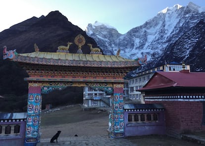 This April 7, 2016 photo shows the Buddhisdt monastery gate at the entrance to the small mountain village of Tengboche, elevation 12,664 feet (3,860 meters), at sunrise. Trekkers can attend daily Buddhist chanting ceremonies in the monastery, though taking photos and videos inside the shrine is strictly prohibited. A trek to Everest Base Camp along mountain paths that hug deep gorges offers renewal and a test of mental and physical limits. Along the way there are sore knees and altitude sickness, but the spectacular landscapes, friendly villagers and moments of tranquility make the journey an unforgettable experience. (AP Photo/Karin Laub)