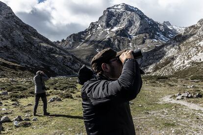 Fernando Abarquero, en primer término, y un cliente tratan de avistar rebecos en los Picos de Europa.
